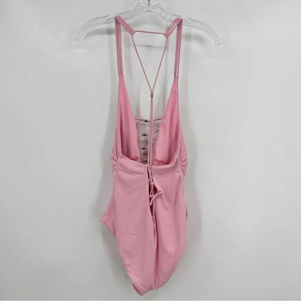 YMI NWT Ribbed Crisscross Lace Up One Piece Swimsuit Pink Size M
